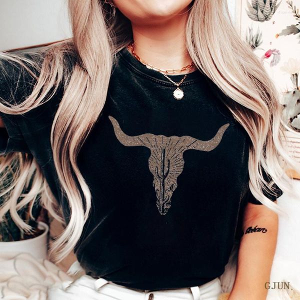 Camisetas para mujer, camiseta con silueta de Cactus del desierto y Calavera de vaca, camisetas gráficas para mujer, camisetas holgadas de manga corta a la moda para mujer, estilo Harajuku para chicas Boho