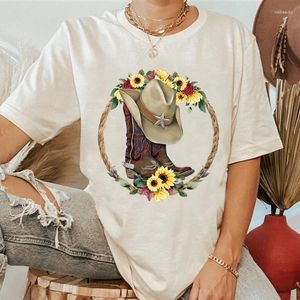 T-shirts pour femmes Bottes de cow-girl Chemise de style occidental Femmes Vintage Tournesol Graphique Tshirt Été T-shirt à manches courtes T-shirt en coton