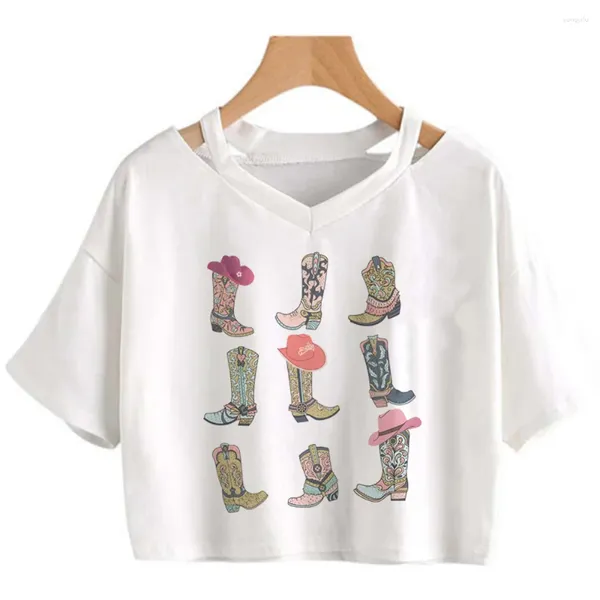 T-shirts de femmes Cowgirl Cyber Y2K Hippie Graphie Crop Top femelle Kawai Fairycore 90 Vêtements gothiques Cropits