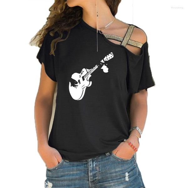 T-shirts pour femmes Art créatif guitare t-shirt bricolage Musical drôle femmes Tumblr mode irrégulière biais croix Bandage Style haut