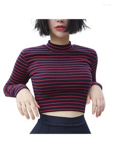 T-shirts Femmes Crop Tops Femmes 2024 Chic All-Match Classic Stripe Slim Court Bustier Top Col Roulé T-shirt À Manches Longues T-shirt Sexy