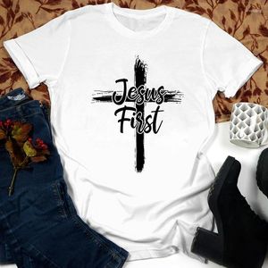 Dames T-shirts Kruis Jezus Eerste Katoenen T-shirt Katholieke Christelijke Bijbel Top Tee Shirt Vrouwen Religieuze Christus Geloof T-shirt