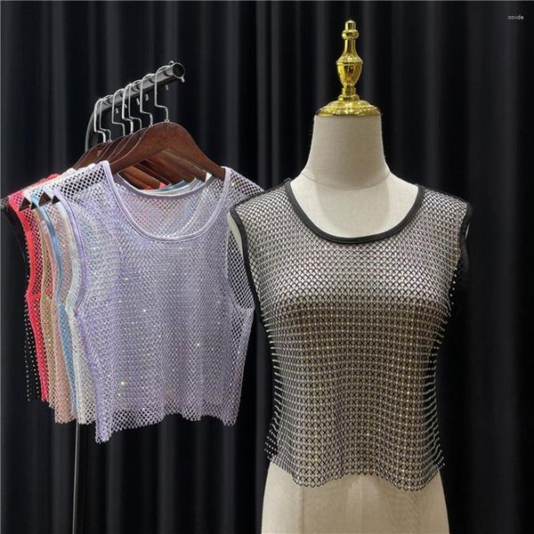 Camisetas para mujer Crystal Diamond Mesh Tops Mujeres Chaleco pequeño Camisa de cuello redondo Tank Fishnet Slim Fit Recortado Navel Short Summer T-shirt Y2K