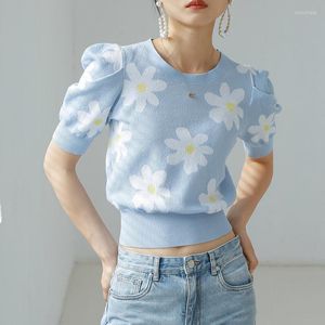 Dames t shirts schattig bloemen patroon zomer dames gebreide dames t-shirt casual stijlvol blauw shirt korte mouw puff elegant s-2xl