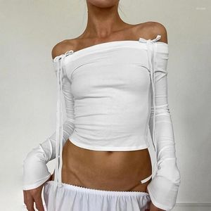 Dames t -shirts Cuttenova vrouwen uit schouder schouder lange mouw herfst y2k elegante witte crop tops magere strapless casual basi -tees boog