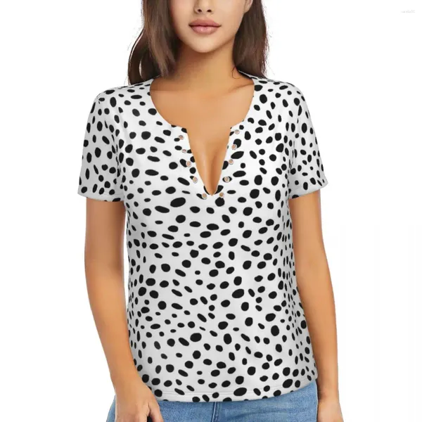 T-shirts Femmes T-shirts Dalmatien Dog Print T-shirt Noir Spotted Y2K Funny Sexy Deep V Col à manches courtes DIY Tops 2024 Femme Casual Top Tees