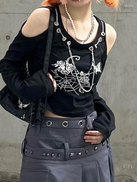 Camisetas para mujer Cadena de metal oscuro Grunge Punk Moda Y2k Top Sexy con hombros descubiertos Manga larga Estampado gráfico Camiseta Harajuku Gótico Casual