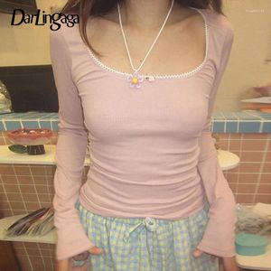 Dames T-shirts Darlingaga Cutecore Roze Zoete Vrouwen Tee Kanten Rand Slanke Koreaanse Coquette Kleding Top Lente Auutmn T-shirt Kawaii Trui