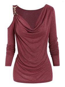 Dames T-shirts Donkerrood Mode Dames Tops met lange mouwen Voor Lente Herfst Winter Col Heather Cut Out Gedrapeerde Casual Tee