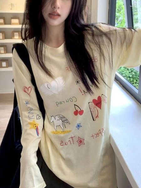 Camisetas para mujer Deeptown, camisetas de estilo coreano con bonitos dibujos Beige, camisetas para mujer Y2k Kawaii adorables largo de manga, camiseta Egirl Harajuku holgada de gran tamaño