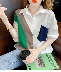 T-shirts pour femmes Design chemise de couleur contrastée pour 2023 mode d'été décontracté col Polo ample haut à manches mi-longues