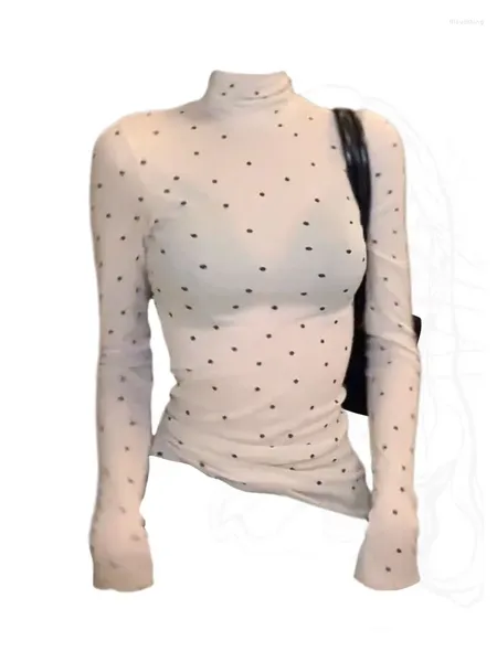 T-shirts Femmes Design Mode Polka Dot T-shirts Femmes Printemps Été Col Roulé Crop Top À Manches Longues Bureau Lady Slim Tees Américain Rétro