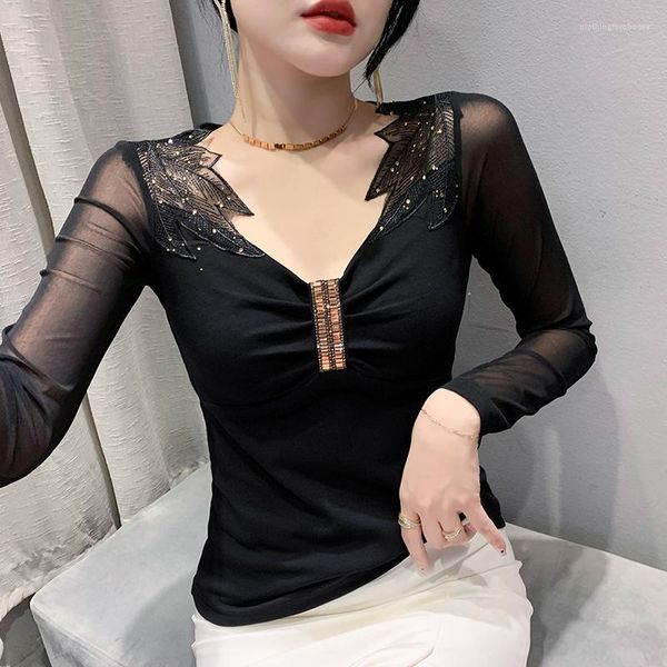 T-shirts Femmes Diamants Mesh Tops Pour Femmes Vêtements Automne Hiver Manches Longues T-shirts Sexy Col V Slim Patchwork Coton T-shirt