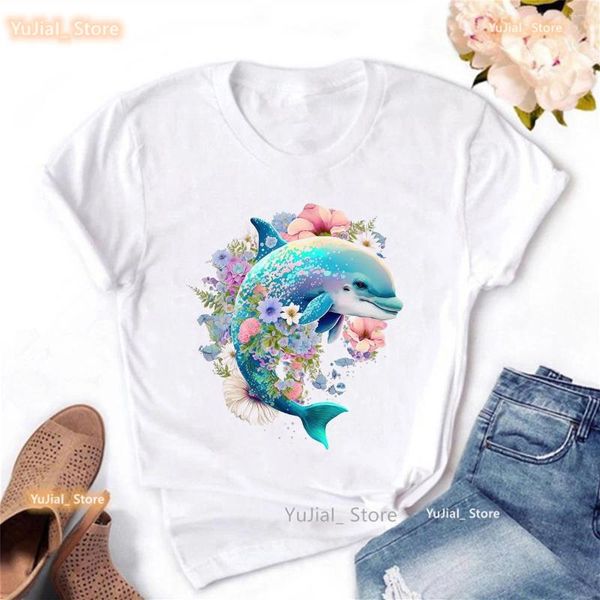 Camisetas para mujer, camisa con estampado de animales y flores de delfines, camiseta de ballena Kawaii para niñas, camiseta básica informal para mujer, camisetas de verano para mujer