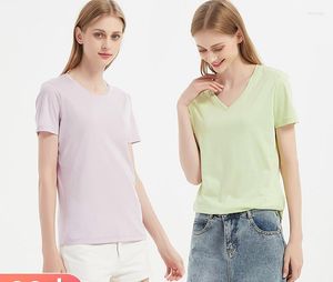 Dames T-shirts Dubbelzijdig gemerceriseerd katoenen T-shirt Dames lente en zomer Losse ronde hals V-hals Pure kleur Korte mouwen