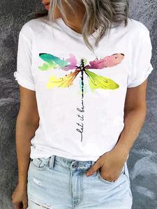 Dames T-shirts Dragonfly Print Crew Neck T-shirt Casual korte mouw voor lente zomerkleding