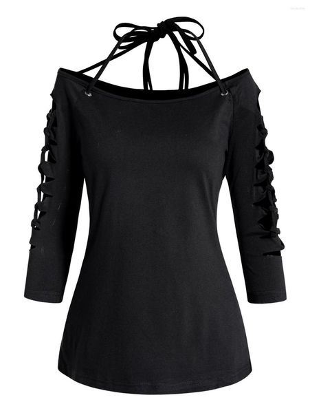 Camisetas de mujer Dressfo estilo gótico femenino recortado hombro abierto Tops para primavera verano Y2K Pure Black Highstreet Fashion Tee Cool Girl