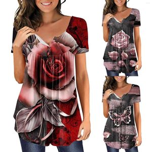 T-shirts pour femmes Tee-shirt sec Femmes Fleur Imprimer Tops Cacher le ventre Tunique à manches courtes Slim Long Blouses de marque