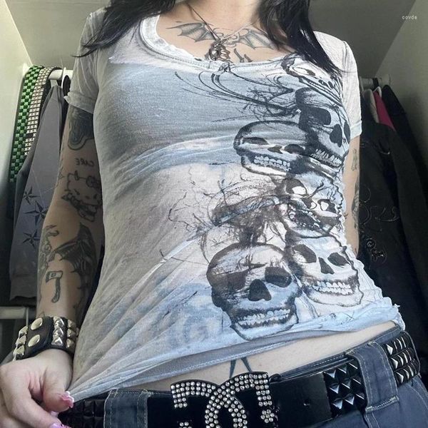 T-shirts pour femmes E-girl Gothic Grunge Skull Print Tshirt 2000s Rétro Emo Manches courtes Slim Fit Tees Graphic Tie Dye V Neck Crop Tops Y2K