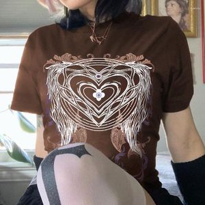 T-shirts pour femmes E-Girl Gothic Punk Hip Hop Pulls Tees Vintage Brown Graphic Print T-shirt surdimensionné Y2K Rétro Harajuku Grunge Tops