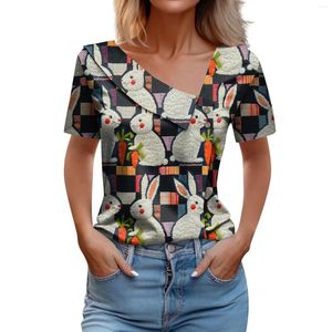 T-shirts pour femmes Pâques imprimé brodé col en V T-shirt à manches courtes Top Blusa Mujer Moda 2024 Hauts Grande Taille Plus Size Oberteile