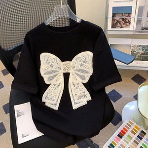 T-shirts Femmes Ebaihui Femmes Nail Perle Design T-shirt Bow Noir Broderie Patch Dames Chemise Printemps Automne Polyvalent Lâche Col Rond