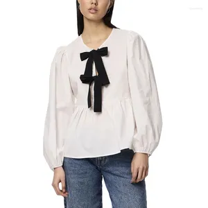 Dames t-shirts elegante kawaii vlinderdas front babydoll crop tops lente herfst vintage blouse t-shirts vrouwen lange mouw o nek zwart wit wit