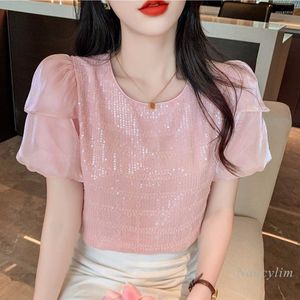 Dames t shirts elegante lovertjes blouses voor vrouwen korte puff puff mouw shirt vrouw zomertop mooie pullover chiffon blusas