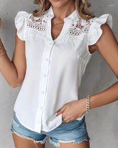 T-shirts pour femmes chemise élégante blouses décontractées volants d'été pour les femmes évider manches courtes flottantes blanc dentelle Patch haut