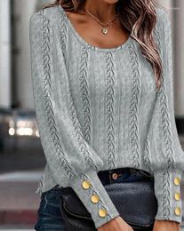 T-shirts pour femmes haut élégant automne et hiver mode bouton décor câble texturé Gigot manches pull décontracté col rond T-Shirt