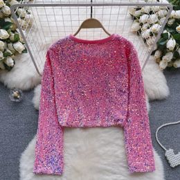 Dames T-shirts Elegant Vintage Glitter Pailletten Lange Mouw O Hals Losse Blouse Chique Casual Top Dames Koreaanse Mode Slanke Lente Herfst