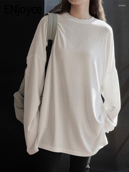 Camisetas para mujer Disfrutece 2023 Otoño Mujeres Simple Cuello redondo Camisetas blancas largas Señoras Casual Manga interior Jerseys Tee Bottom Shirt Tops