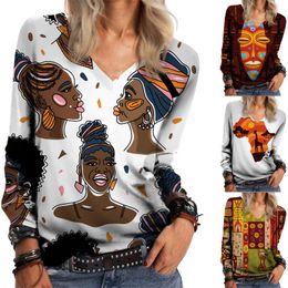 T-shirts pour femmes est un dessin animé africain imprimé à manches longues à manches longues féminines harajuku dashiki style o / v tops tops femelle décontractée ropa mujer