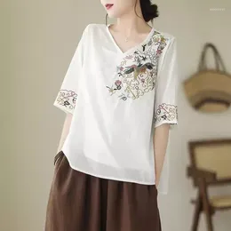 T-shirts pour femmes Vêtements de style ethnique 2024 Artistic Retro Cotton Linen Top Ramie Shirt Short Summer Summer Thin Broidered K520