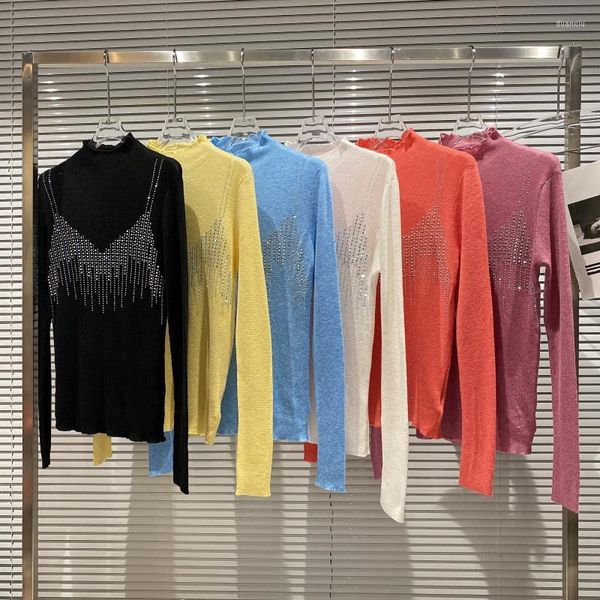 Camisetas para mujer Europea Otoño Invierno Sling Cuadrado Grano Patrón de diamantes de imitación Cuello alto Suéter de lana Tops con fondo Moda Streetwear