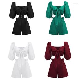 T-shirts pour femmes F42F Womens Summer 2 Piece Solid Outfits Lantern Half Sleeve V-Neck Tie Front Crop Top Cardigan And Ruffles Waist Shorts