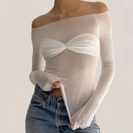Camisetas de mujer Fairy Grunge, Top corto con hombros descubiertos Y2K, camiseta ajustada de manga larga de malla transparente con lazo, estética francesa