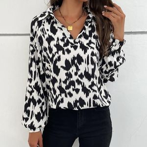 Camisetas de mujer otoño 2023 camisa de solapa con diseño de leopardo de manga larga sentido mujer cuello en V blusa femenina Casual blanco negro
