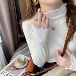 T-shirts Femmes Mode 2023 Femmes Tricot Streetwear Solide Bois-Oreille Bord Semi-haut Col Tricoté Chemise Tout-Match Pull Pull Tops