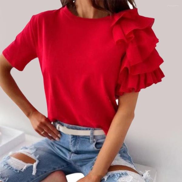 T-shirts pour femmes Mode Blouse Femmes Élégant Blanc Solide Couleur Couches À Volants À Manches Courtes Asymétrique Lâche T-shirt Top Pour Les Blouses D'été