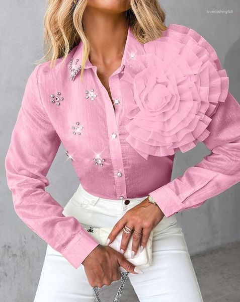 T-shirts pour femmes Blouses de mode 2024 Automne Rose Détail Strass Col rabattu Top Casual Manches longues Femme Pull polyvalent