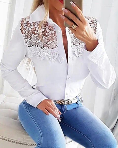 Camisetas de mujer Blusas de moda 2024 Patrón floral Parche de encaje Abotonado Top Camisa blanca Diario Casual Manga larga Y2K Tops