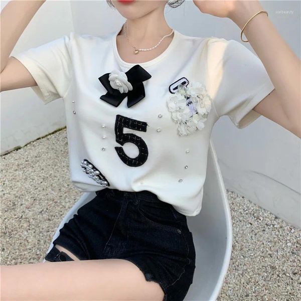 Camisetas para mujer, camisa de marca a la moda para mujer, pantalón corto informal, camisetas de manga, apliques de lujo, ropa de calle con perlas, Tops Harajuku Grunge