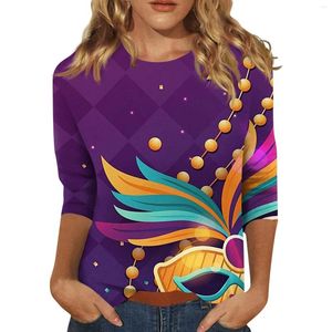 Camisetas para mujer, moda informal, manga 3/4, Mardi Gras, disfraz temático de carnaval, máscara de fiesta, estampado, jersey con cuello levantado, Top para mujer