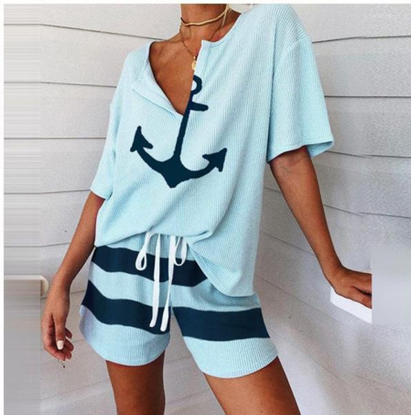 Camisetas de mujeres Fashion Casual Set 2023 Summer V-Chek Boat Anchor de manga corta Shorts sueltos dos piezas