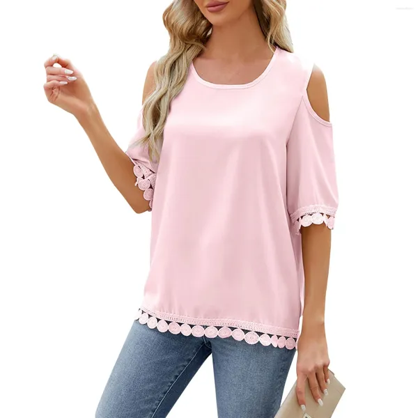 Camisetas para Mujer Moda Casual Color Sólido Hombros Descubiertos Cuello Redondo Empalme De Encaje Manga 3/4 Comentarios Coreanos Muchas Camisetas Sueltas De Tela