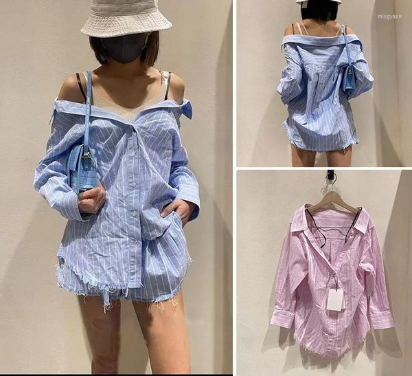 Camisetas de mujer Moda Clásica Moda Diseñador de lujo Tela a rayas Fuera del hombro Suspender Camisa de manga larga Cintura elástica Pantalones cortos casuales