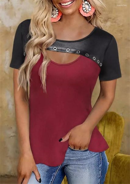 T-shirts pour femmes Mode Bloc de couleur Évider PU Cuir Épissage Gothique Blouse Bourgogne Chemise Vêtements 2023 Été Casual Tops