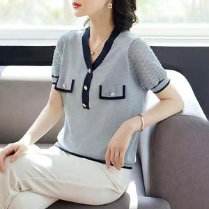 T-shirts pour femmes mode élégant bouton col en v pull T-shirts femmes 2023 été décontracté glace soie Patchwork tricoté T-shirt hauts vêtements