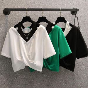 Dames T-shirts Mode Nep 2 Pc Shirt Vrouw Crop Top Basic Losse kleuraanpassing Dames Sexy Tees Harajuku Koreaans